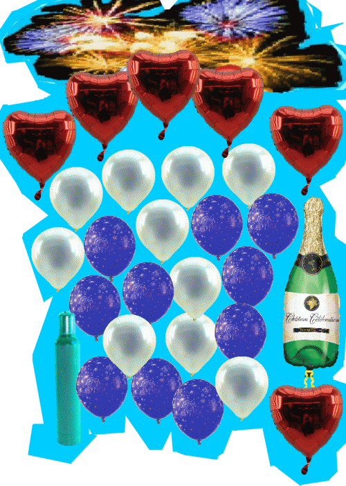 Silvesterdekoration mit Ballons, Partydeko Silvester, Sekt und liebende Herzen