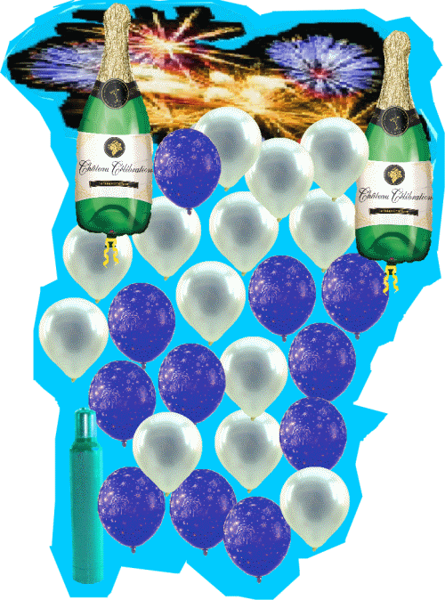 Silvester, Partydekoration, Feuerwerk, Ballons und Sekt